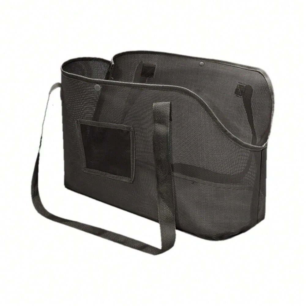 Beige breathable mesh dog carrier bag with shoulder straps for pet travel and outdoor walking