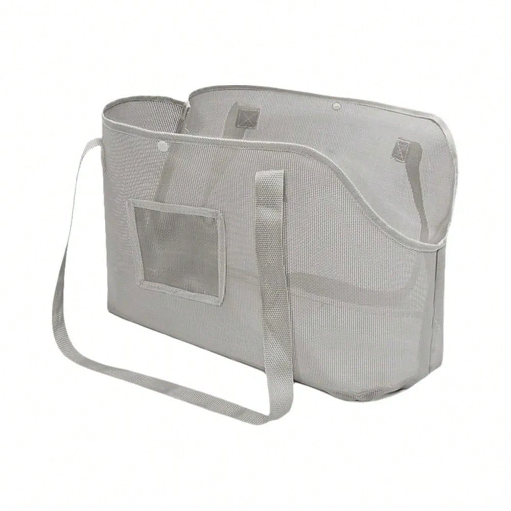 Beige breathable mesh dog carrier bag with shoulder straps for pet travel and outdoor walking