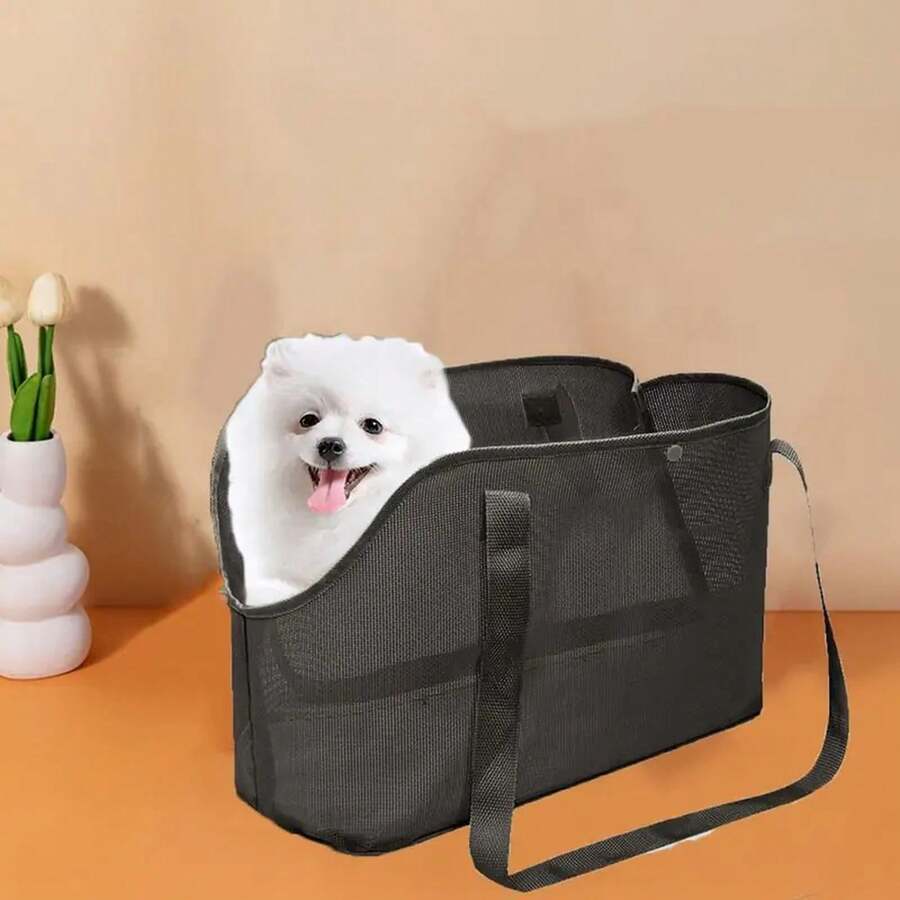 Beige breathable mesh dog carrier bag with shoulder straps for pet travel and outdoor walking