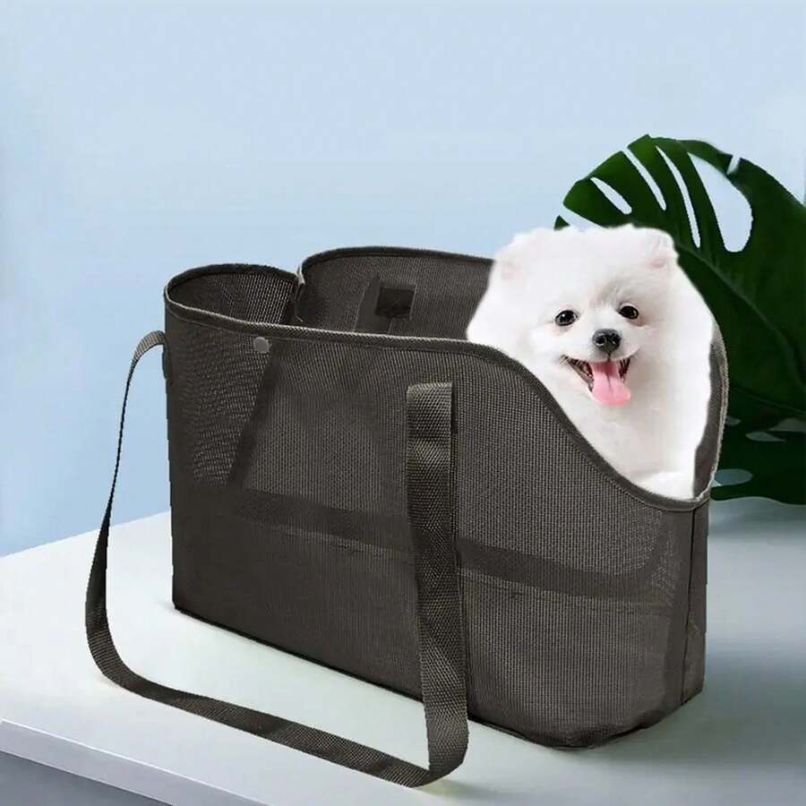 Beige breathable mesh dog carrier bag with shoulder straps for pet travel and outdoor walking