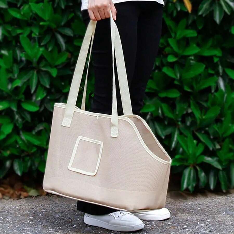 Beige breathable mesh dog carrier bag with shoulder straps for pet travel and outdoor walking