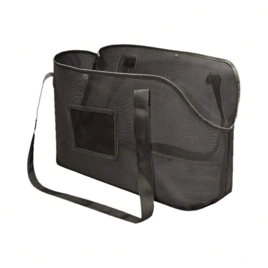Beige breathable mesh dog carrier bag with shoulder straps for pet travel and outdoor walking