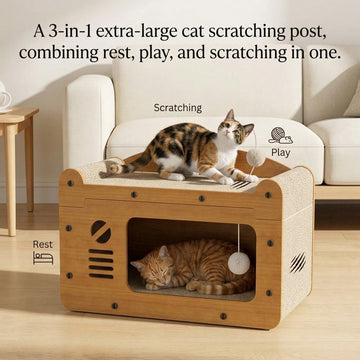 3-in-1 cat sofa bed and house hideout featuring a sisal scratching board and hanging plush ball toy for indoor cats.