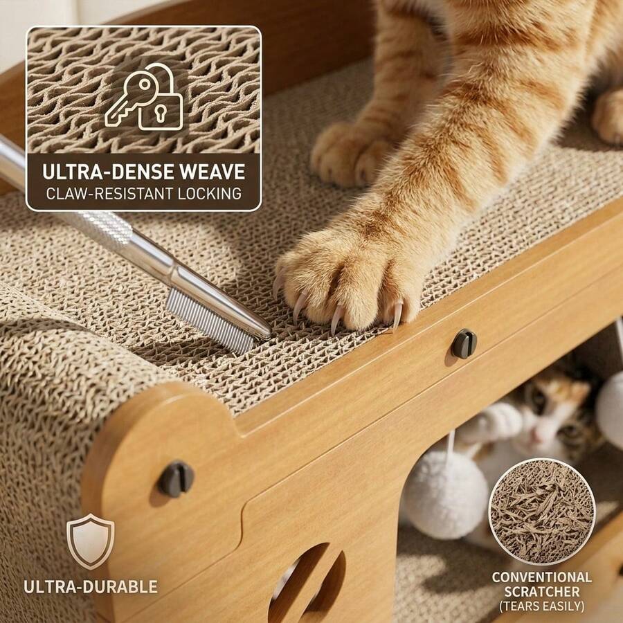 3-in-1 cat sofa bed and house hideout featuring a sisal scratching board and hanging plush ball toy for indoor cats.