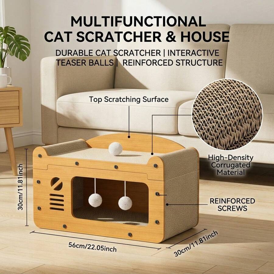 3-in-1 cat sofa bed and house hideout featuring a sisal scratching board and hanging plush ball toy for indoor cats.