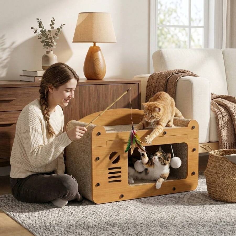 3-in-1 cat sofa bed and house hideout featuring a sisal scratching board and hanging plush ball toy for indoor cats.