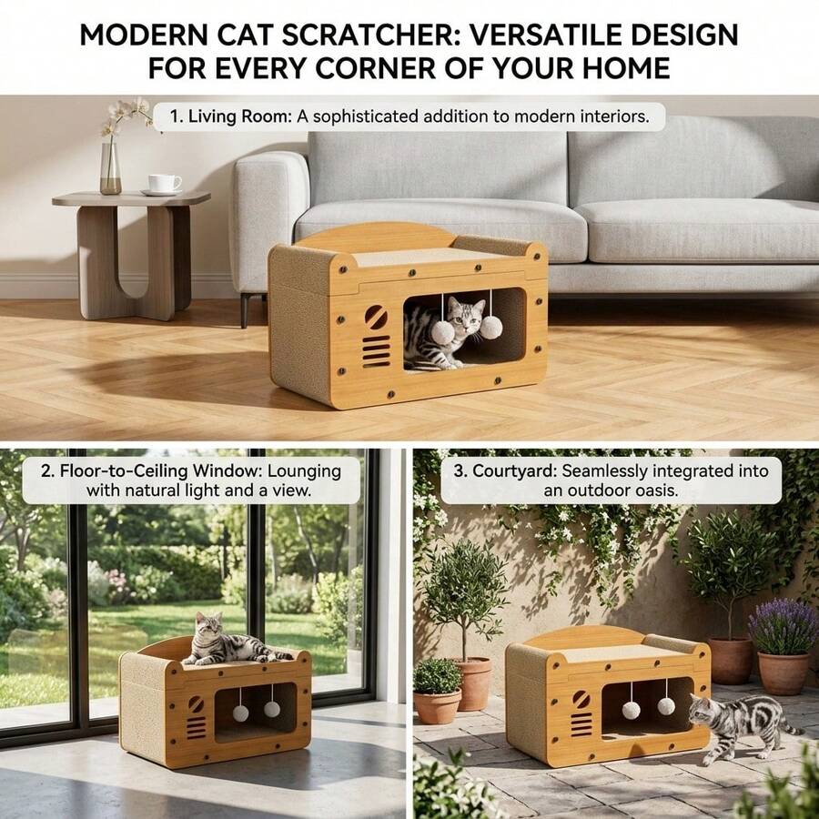 3-in-1 cat sofa bed and house hideout featuring a sisal scratching board and hanging plush ball toy for indoor cats.