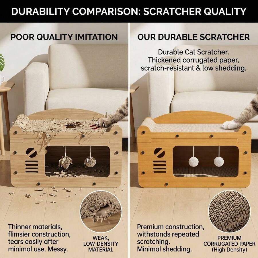 3-in-1 cat sofa bed and house hideout featuring a sisal scratching board and hanging plush ball toy for indoor cats.