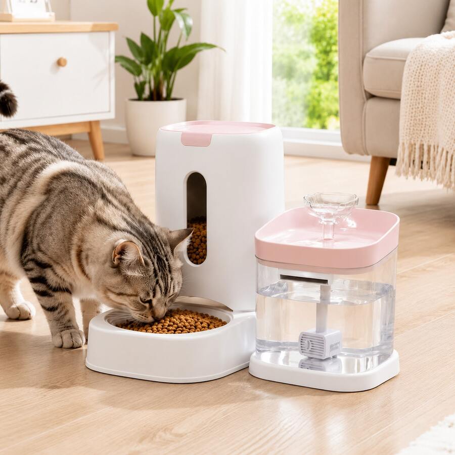 2-in-1 automatic pet feeder with 121.73oz food capacity and 60.87oz circulating water dispenser for indoor cats and small dogs