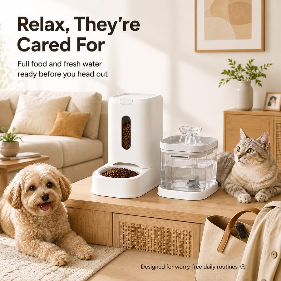2-in-1 automatic pet feeder with 121.73oz food capacity and 60.87oz circulating water dispenser for indoor cats and small dogs