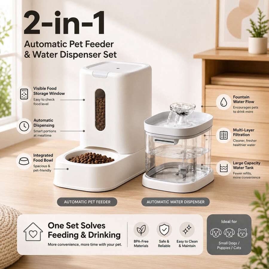 2-in-1 automatic pet feeder with 121.73oz food capacity and 60.87oz circulating water dispenser for indoor cats and small dogs
