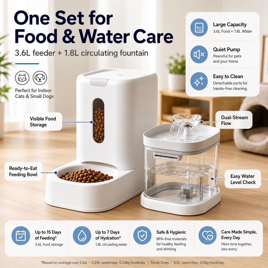 2-in-1 automatic pet feeder with 121.73oz food capacity and 60.87oz circulating water dispenser for indoor cats and small dogs