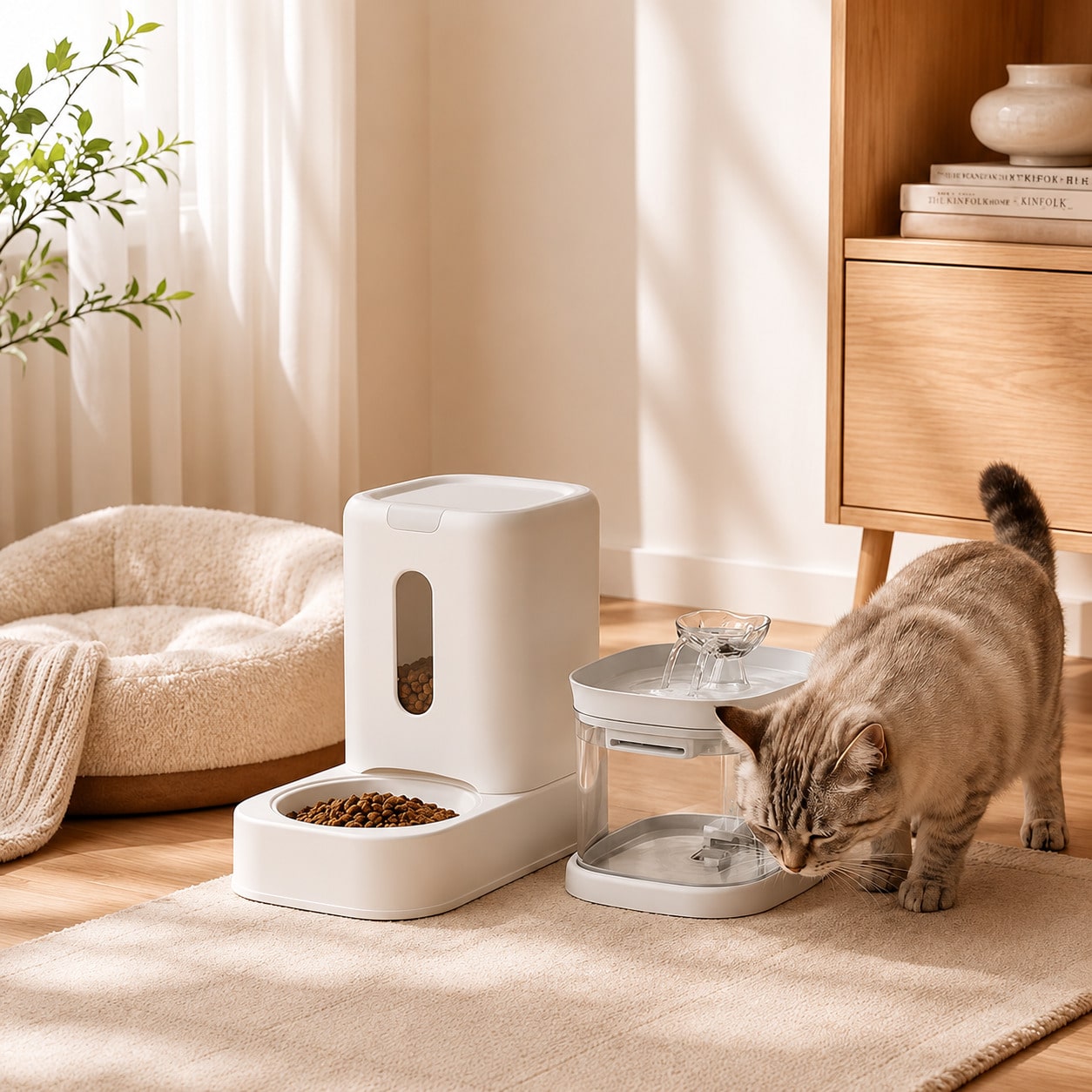 2-in-1 automatic pet feeder with 121.73oz food capacity and 60.87oz circulating water dispenser for indoor cats and small dogs
