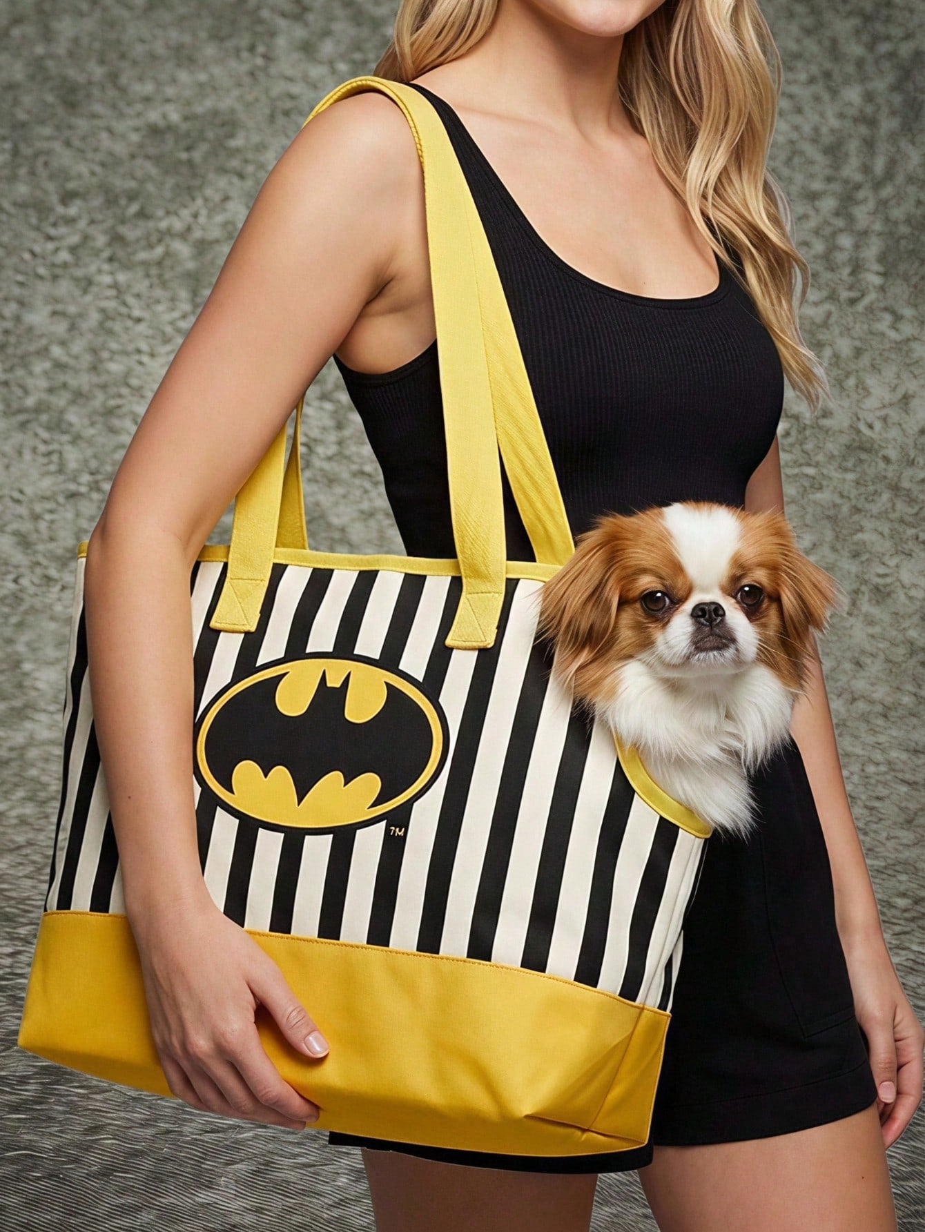 Black, yellow, and white striped pet carrier tote bag with a yellow bat logo for small pets.