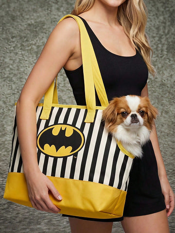 Black, yellow, and white striped pet carrier tote bag with a yellow bat logo for small pets.