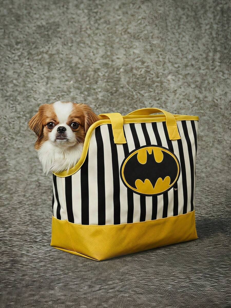 Black, yellow, and white striped pet carrier tote bag with a yellow bat logo for small pets.