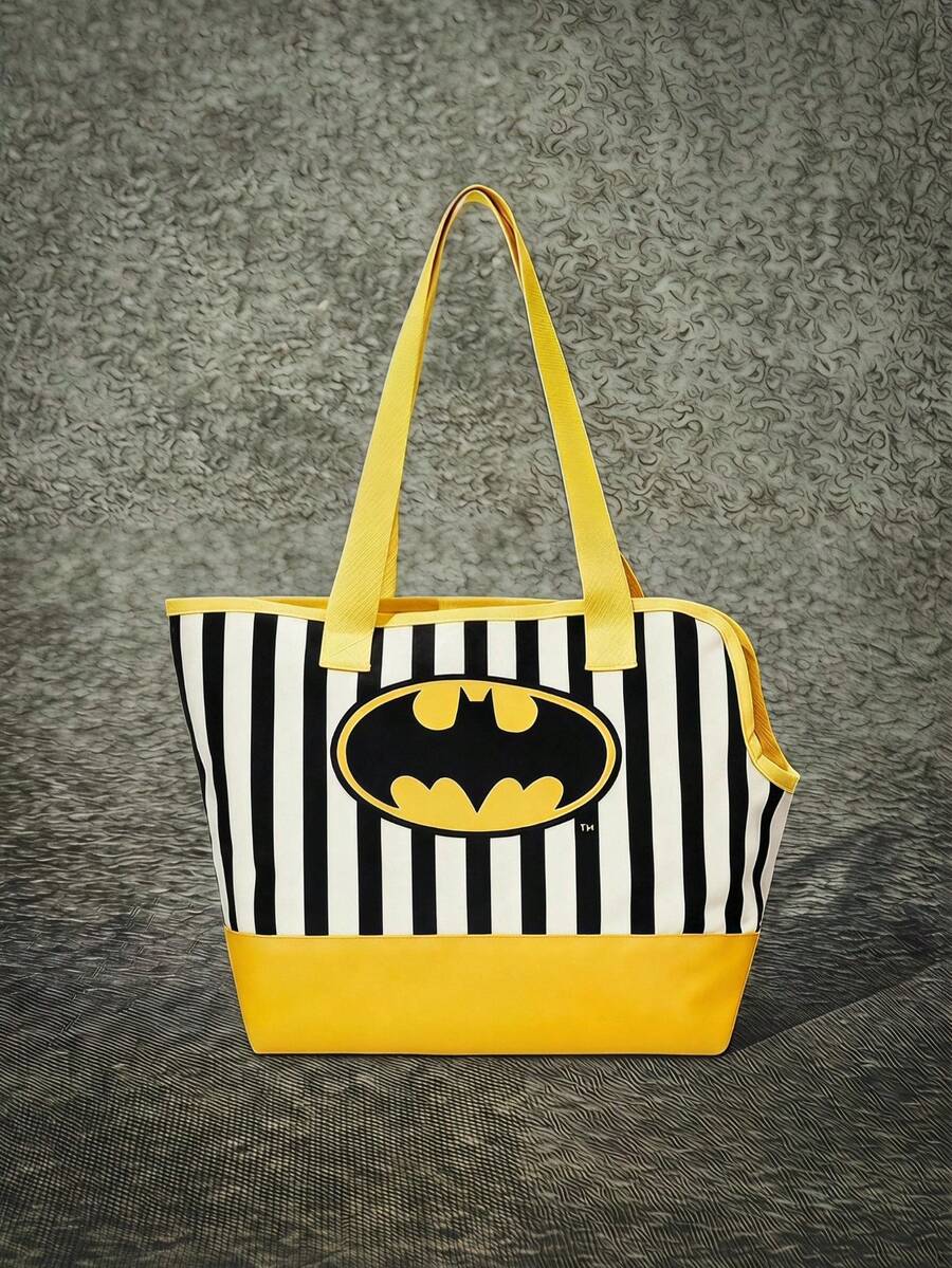 Black, yellow, and white striped pet carrier tote bag with a yellow bat logo for small pets.