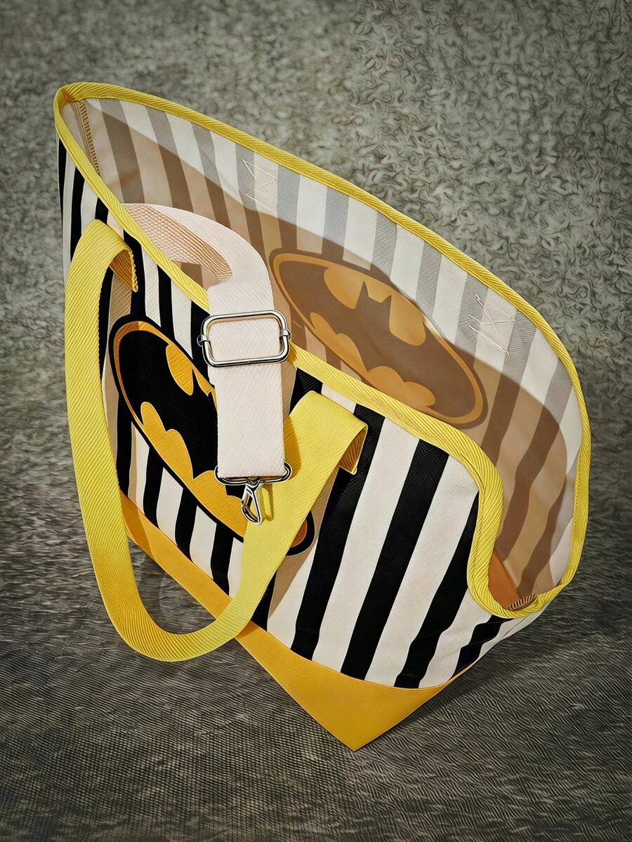 Black, yellow, and white striped pet carrier tote bag with a yellow bat logo for small pets.