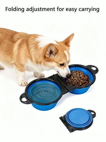 2 In 1 Portable Foldable Pet Double Bowl Collapsible TPE Food Water Bowl Suitable For Dogs Puppies Outdoor Walking Travel Camping Daily Pet Feeding Supplies