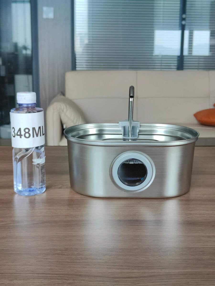 3.2L stainless steel automatic pet water fountain with built-in LED night light and USB power cord for dogs and cats.