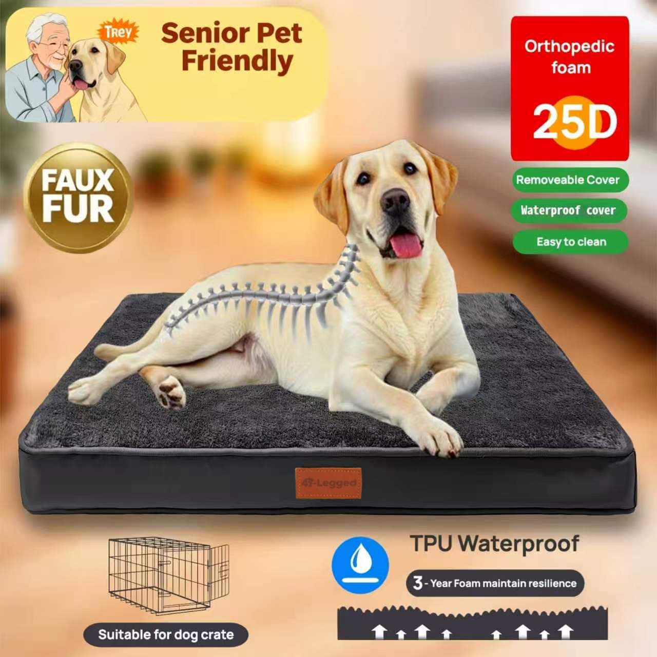 Dark grey memory foam pet bed with removable washable faux fur cover and non-slip bottom for dogs and cats