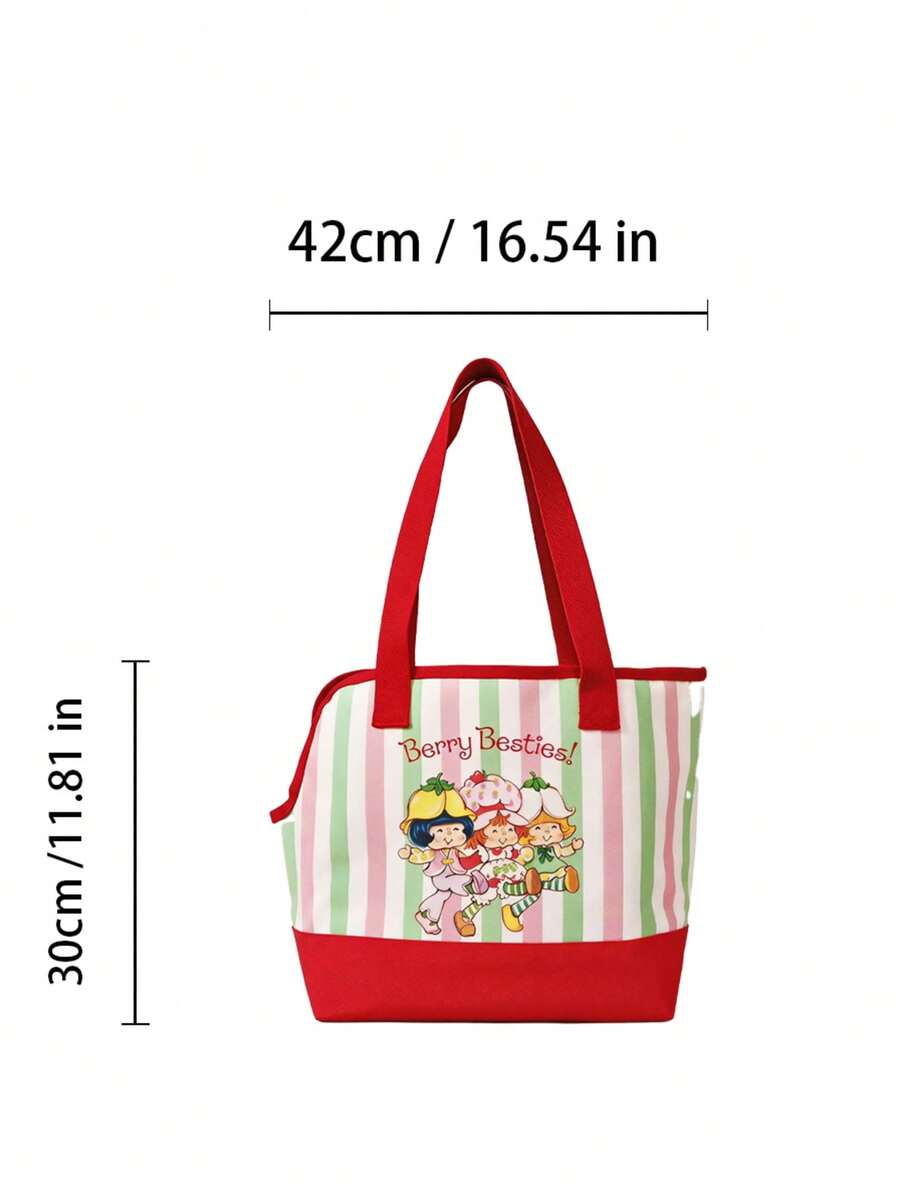 Striped pet tote bag carrier with red trim for small dogs and cats, made of 100% polyester.