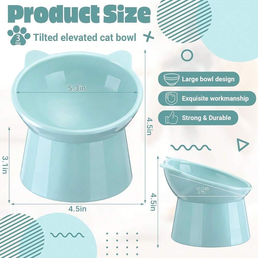 Set of 3 cat-ear shaped raised cat bowls in pink, green, and blue made of PMMA material with elevated anti-slip base