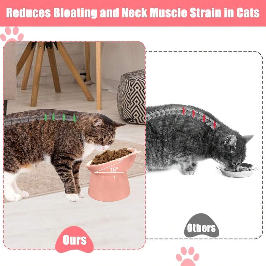 Set of 3 cat-ear shaped raised cat bowls in pink, green, and blue made of PMMA material with elevated anti-slip base