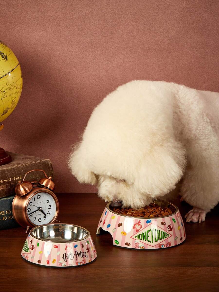 Dual-layer pet food dish with stainless steel liner and sleek non-skid melamine base for small animals.
