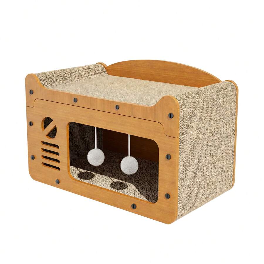3-in-1 cat sofa bed and house hideout featuring a sisal scratching board and hanging plush ball toy for indoor cats.
