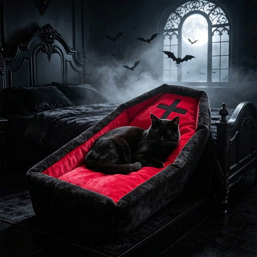 Gothic style multicolor cat bed mat with red cross design