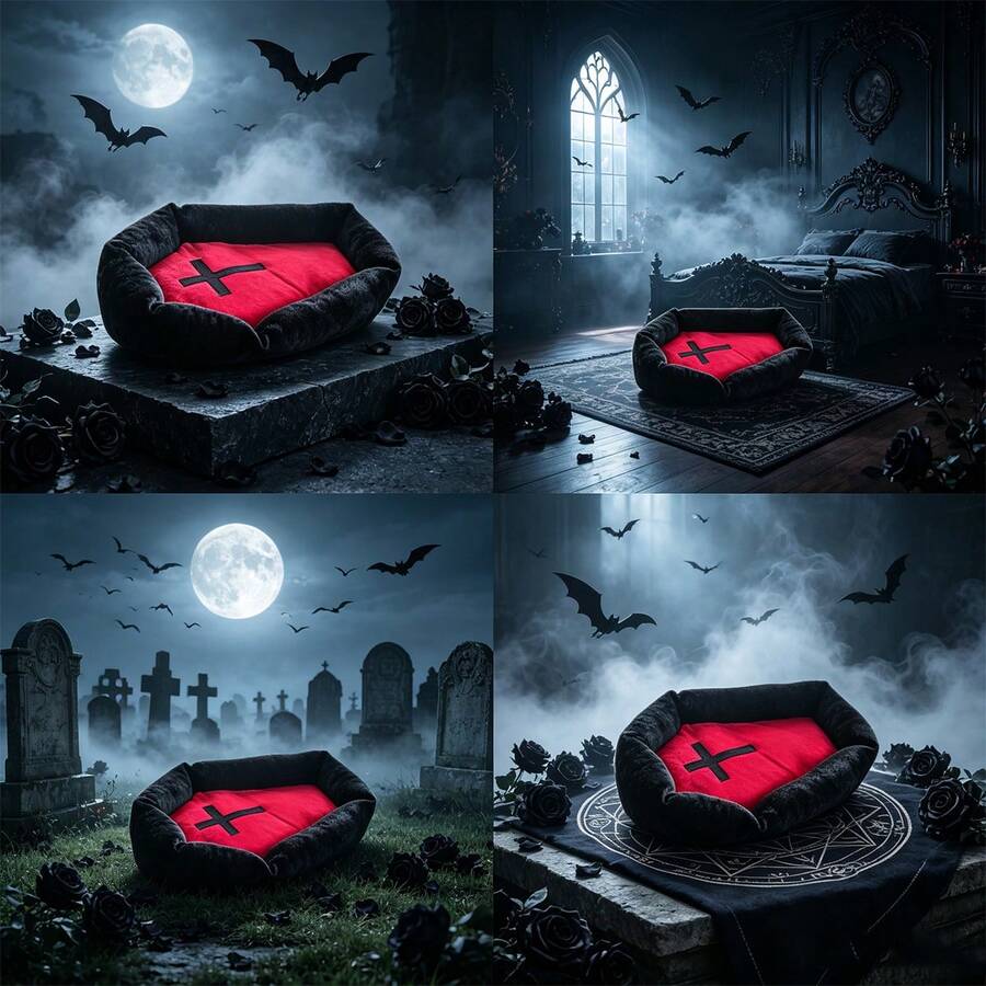 Gothic style multicolor cat bed mat with red cross design