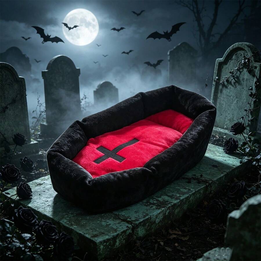 Gothic style multicolor cat bed mat with red cross design