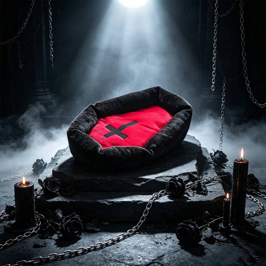 Gothic style multicolor cat bed mat with red cross design