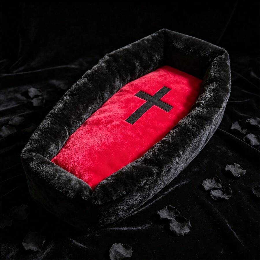 Gothic style multicolor cat bed mat with red cross design
