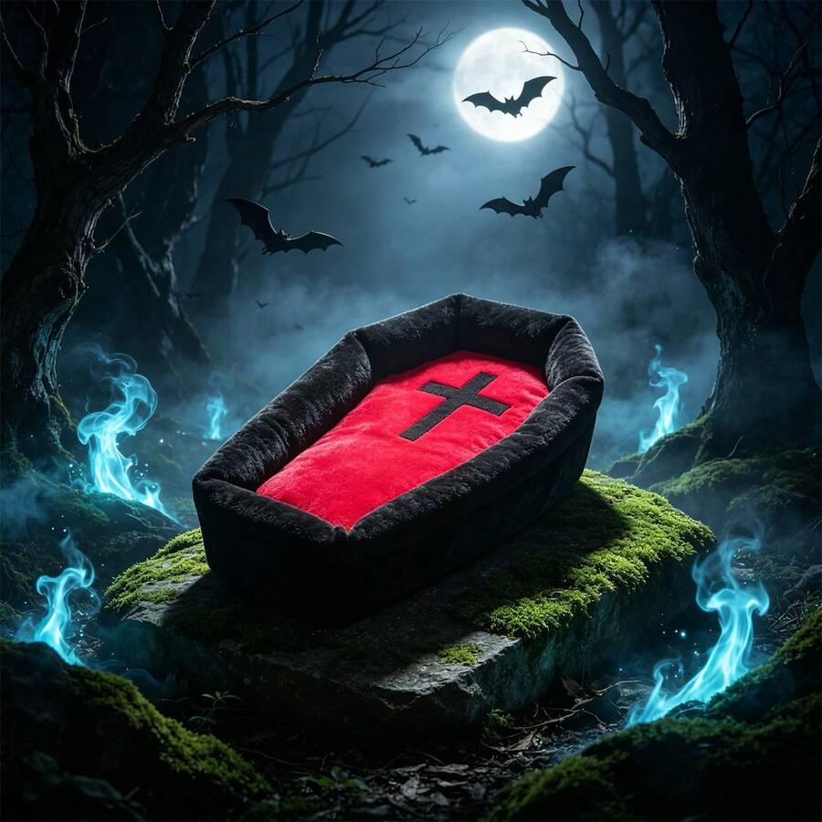 Gothic style multicolor cat bed mat with red cross design