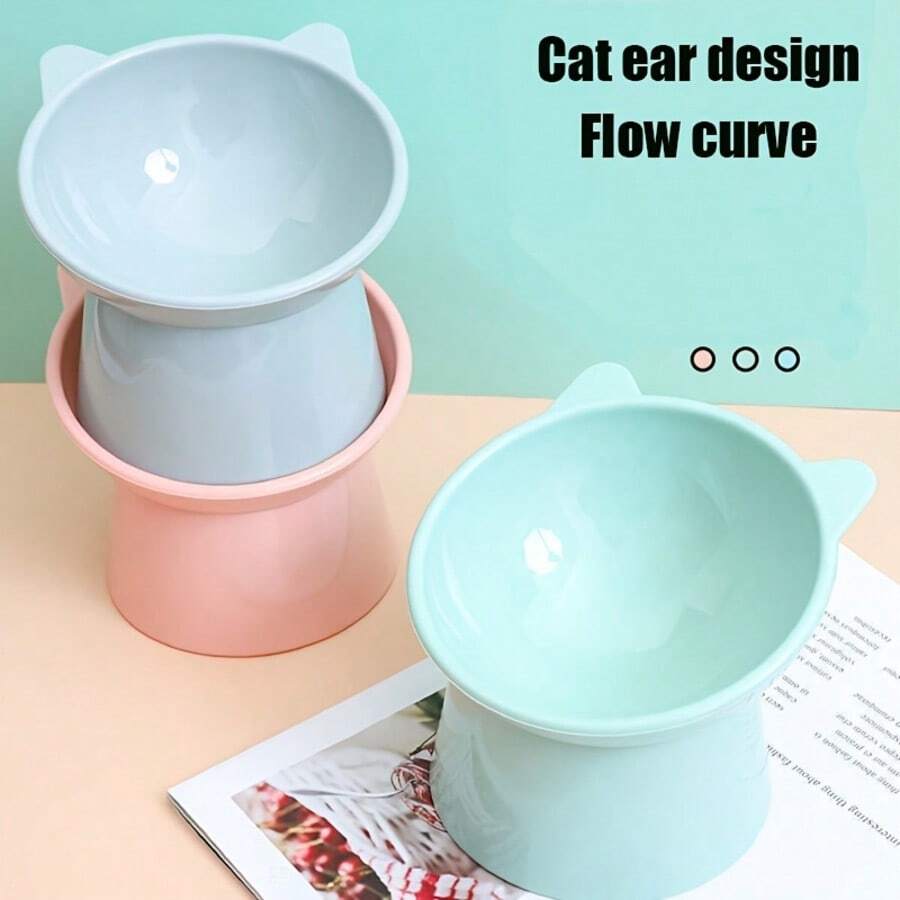 Set of 3 cat-ear shaped raised cat bowls in pink, green, and blue made of PMMA material with elevated anti-slip base