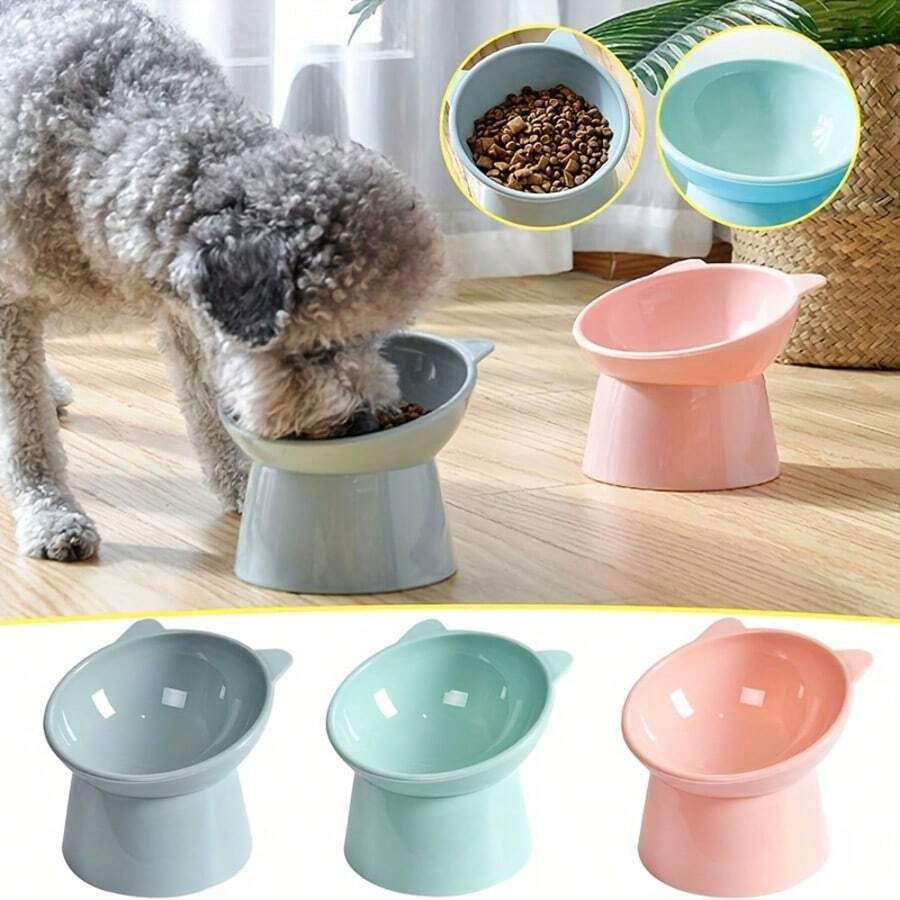 Set of 3 cat-ear shaped raised cat bowls in pink, green, and blue made of PMMA material with elevated anti-slip base