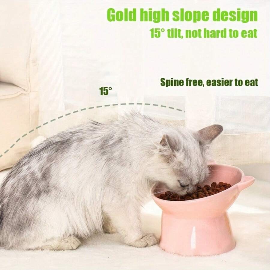Set of 3 cat-ear shaped raised cat bowls in pink, green, and blue made of PMMA material with elevated anti-slip base