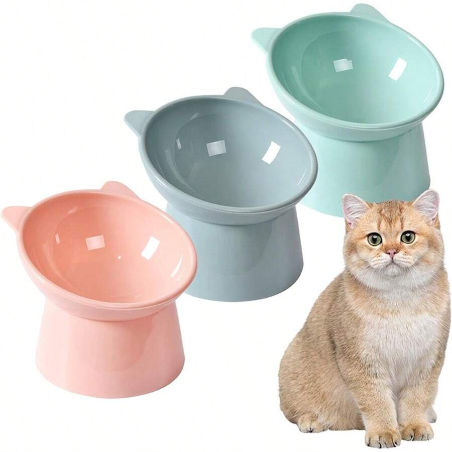 Set of 3 cat-ear shaped raised cat bowls in pink, green, and blue made of PMMA material with elevated anti-slip base