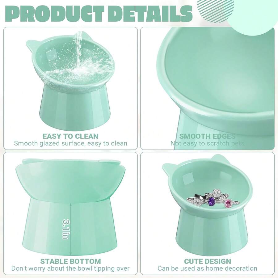 Set of 3 cat-ear shaped raised cat bowls in pink, green, and blue made of PMMA material with elevated anti-slip base