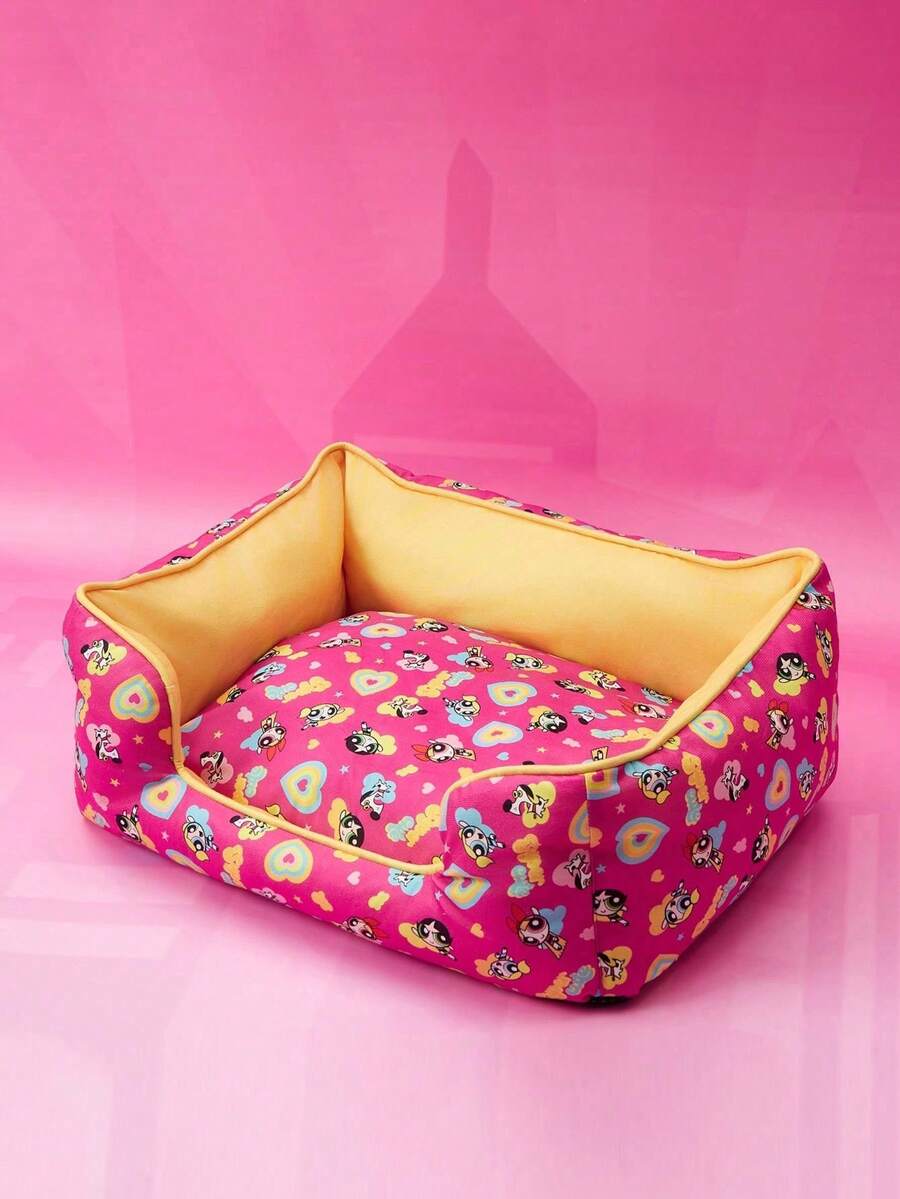 Multicolor pet bed mat with big eyes girl cartoon pattern for cats and dogs featuring a non-slip bottom and washable fabric cover.