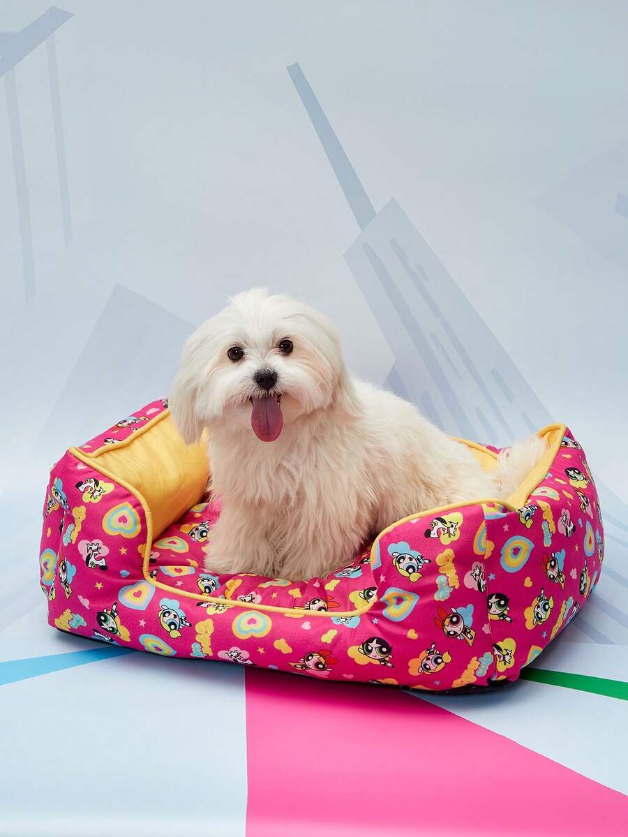 Multicolor pet bed mat with big eyes girl cartoon pattern for cats and dogs featuring a non-slip bottom and washable fabric cover.