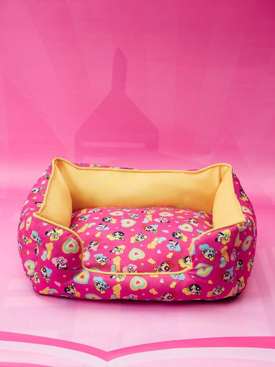 Multicolor pet bed mat with big eyes girl cartoon pattern for cats and dogs featuring a non-slip bottom and washable fabric cover.
