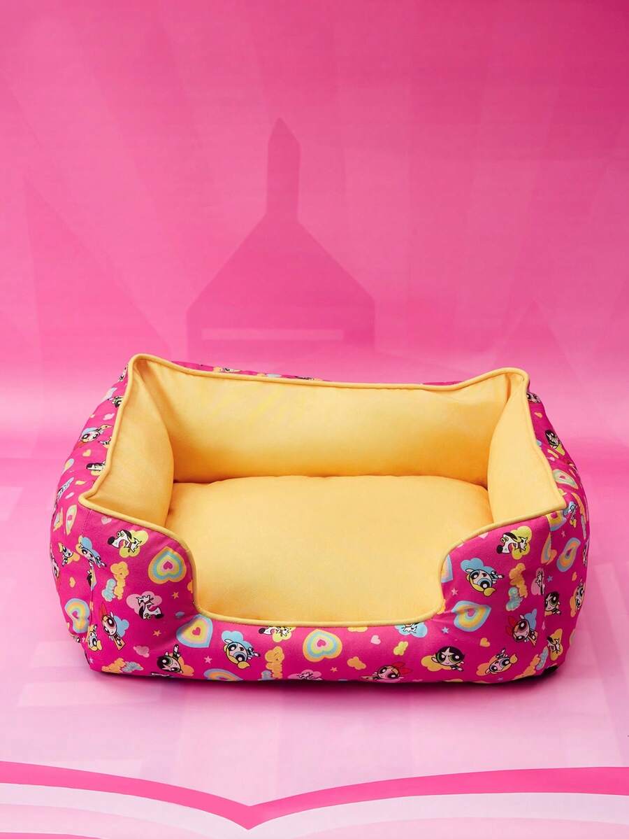 Multicolor pet bed mat with big eyes girl cartoon pattern for cats and dogs featuring a non-slip bottom and washable fabric cover.