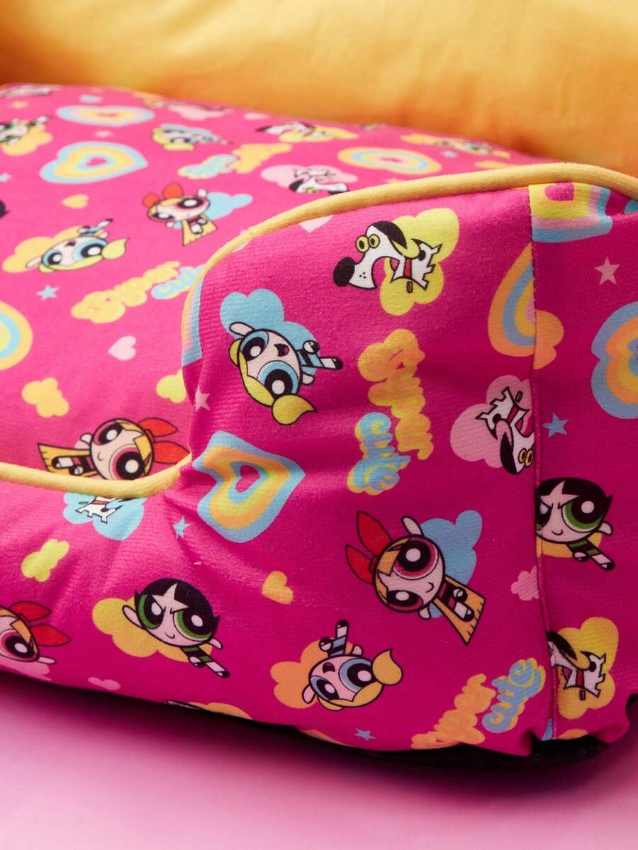 Multicolor pet bed mat with big eyes girl cartoon pattern for cats and dogs featuring a non-slip bottom and washable fabric cover.