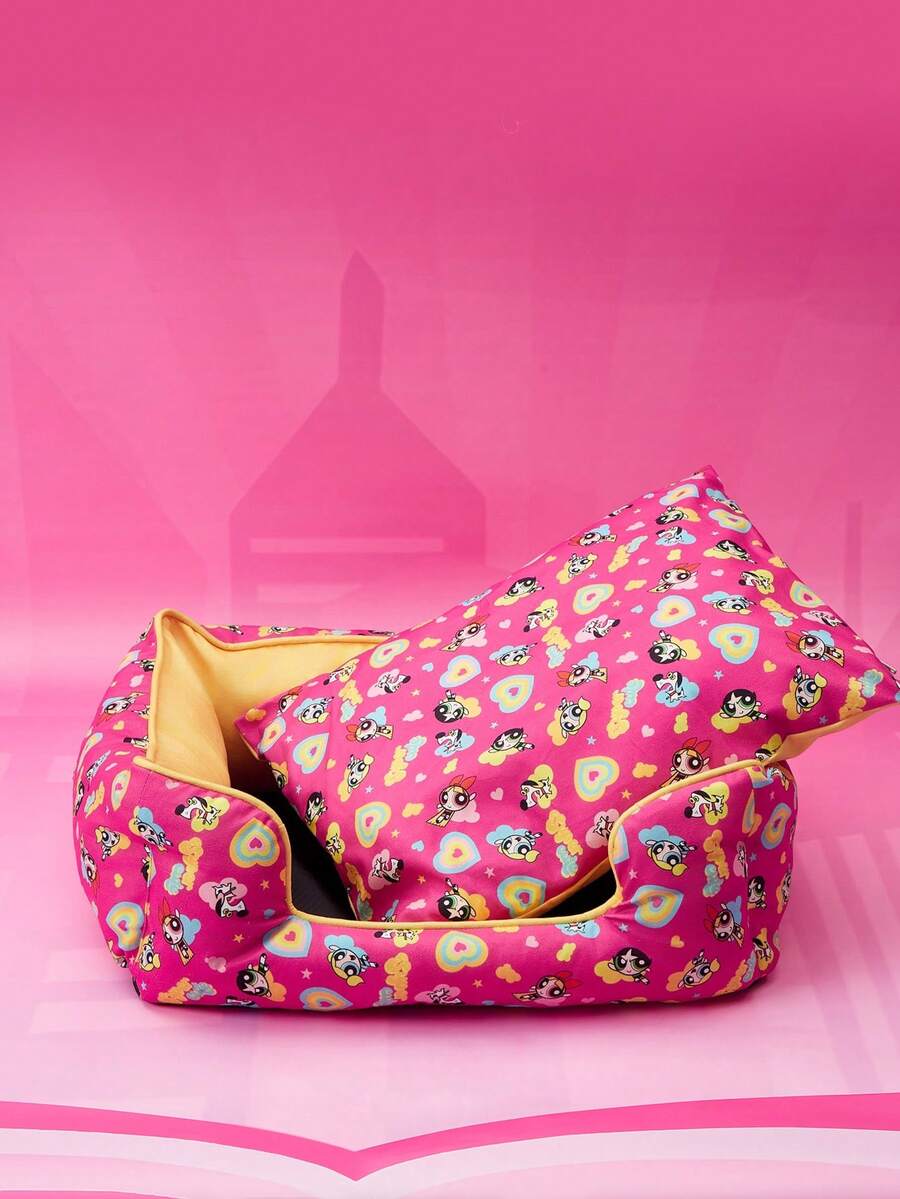 Multicolor pet bed mat with big eyes girl cartoon pattern for cats and dogs featuring a non-slip bottom and washable fabric cover.