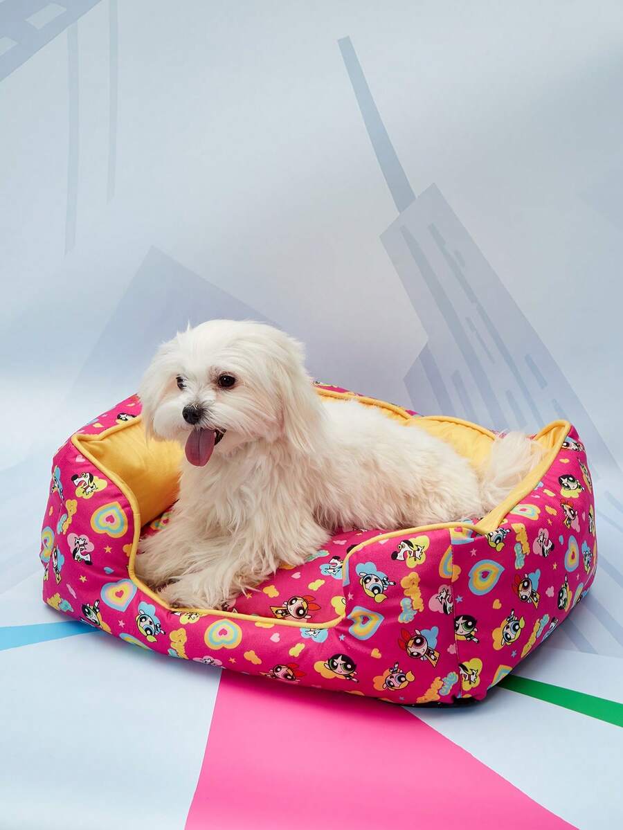 Multicolor pet bed mat with big eyes girl cartoon pattern for cats and dogs featuring a non-slip bottom and washable fabric cover.