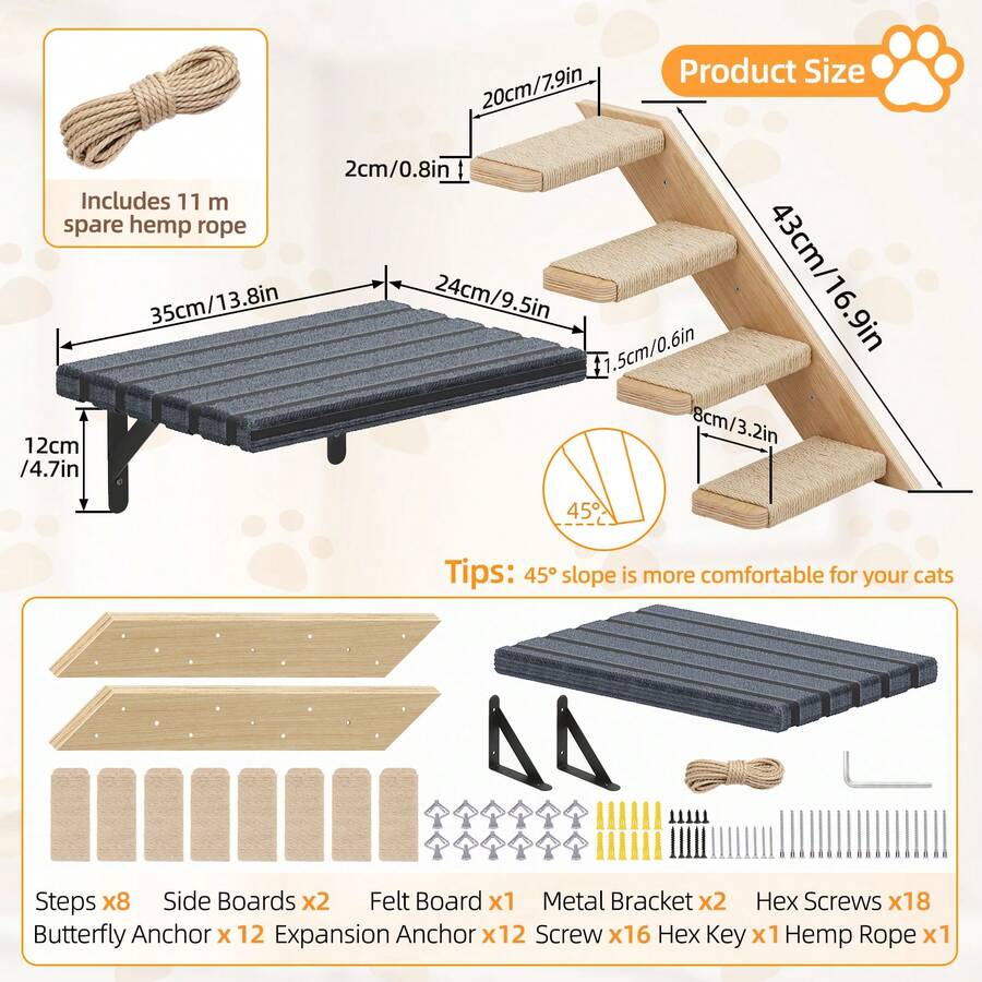 Multicolor MDF wall mounted cat shelves set featuring sisal stair steps and a perch platform for indoor cats.