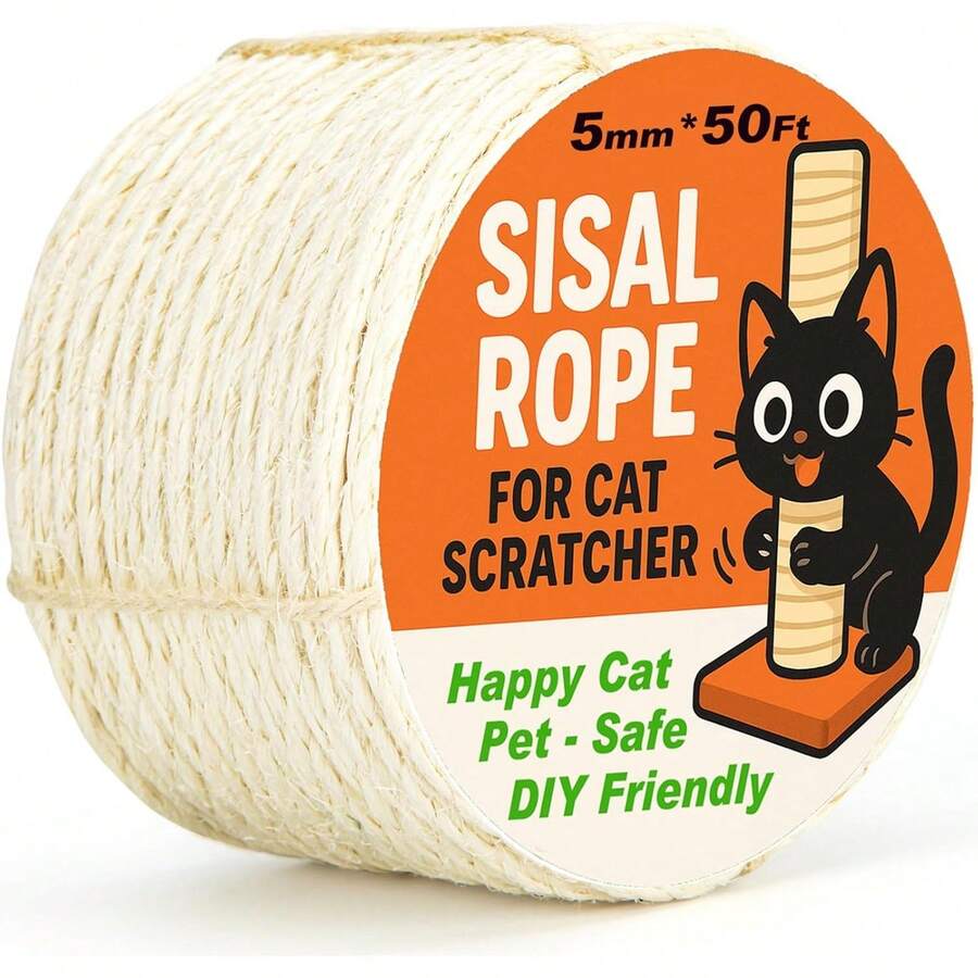 White 5mm natural sisal rope, 100 feet roll for cat tree repair and scratching post replacement.